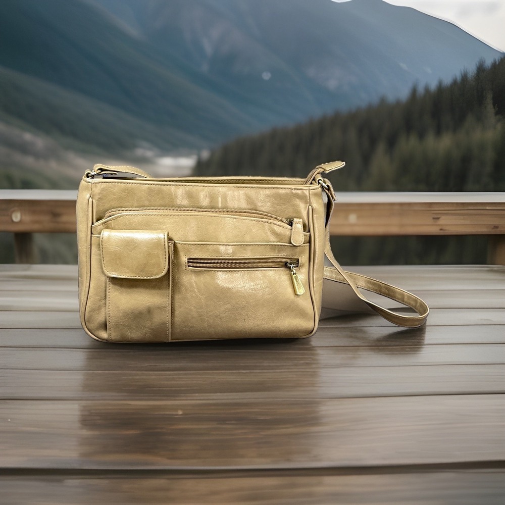 Vintage Tan Shoulder Bag Multi Pocket Faux Leather